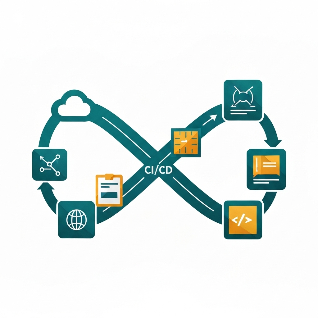 DevOps lifecycle, CI/CD, cloud, and infrastructure illustration
